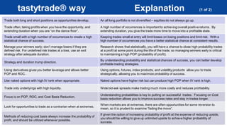 Craig E. Forman www.tastytrader.net
tastytrade® way Explanation (1 of 2)
5
Trade both long and short positions as opportunities develop. An all long portfolio is not diversified – equities do not always go up.
Trade often, taking profits when you have the opportunity, and
extending duration when you are “on the dance floor”.
A high number of occurrences is important to achieving overall positive returns. By
extending duration, you give the trade more time to move into a profitable state.
Trade small with a high number of occurrences to create a high
statistical chance of success.
Keeping trades small at entry will limit losses on losing positions and limit risk. With a
high number of occurrences you have a better statistical chance at consistent results.
Manage your winners early; don’t manage losers if they are
defined risk. For undefined risk trades at a loss, use an exit
strategy after adequate duration.
Research shows that statistically, you will have a chance to close high probability trades
at a profit at some point during the life of the trade, so managing winners early is critical
to maintaining a high POP (probability of profit).
Strategy and duration trump direction.
By understanding probability and statistical chances of success, you can better develop
profitable trading strategies.
Using derivatives gives you better leverage and allows better
POP and ROC.
Using options, futures, index products, and volatility products allow you to trade
strategically, allowing you to maximize probability of success.
Use naked options with high IV rank when appropriate. Naked options have higher risk but can produce high POP when IV rank is high.
Trade only underlyings with high liquidity. Wide bid-ask spreads make trading much more costly and reduces profitability.
Focus is on POP, ROC, and Cost Basis Reduction.
Understanding probabilities is key to putting on successful trades. Focusing on Cost
basis reduction allows you to improve success rates and stay in trades longer.
Look for opportunities to trade as a contrarian when at extremes.
When markets are at extremes, there are often opportunities for some reversion to
mean, so it is prudent to examine “fading the move”.
Methods of reducing cost basis always increase the probability of
profit, and should be utilized whenever possible.
If given the option of increasing probability of profit at the expense of reducing upside,
you should be willing to give up unlimited upside to achieve higher probability of
success.
 