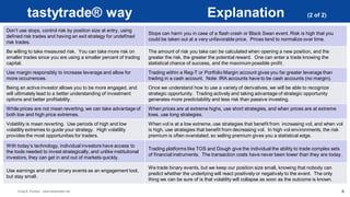 Craig E. Forman www.tastytrader.net
tastytrade® way Explanation (2 of 2)
6
Don’t use stops, control risk by position size at entry, using
defined risk trades and having an exit strategy for undefined
risk trades.
Stops can harm you in case of a flash crash or Black Swan event. Risk is high that you
could be taken out at a very unfavorable price. Prices tend to normalize over time.
Be willing to take measured risk. You can take more risk on
smaller trades since you are using a smaller percent of trading
capital.
The amount of risk you take can be calculated when opening a new position, and the
greater the risk, the greater the potential reward. One can enter a trade knowing the
statistical chance of success, and the maximum possible profit.
Use margin responsibly to increase leverage and allow for
more occurrences.
Trading within a Reg-T or Portfolio Margin account gives you far greater leverage than
trading in a cash account. Note: IRA accounts have to be cash accounts (no margin).
Being an active investor allows you to be more engaged, and
will ultimately lead to a better understanding of investment
options and better profitability.
Once we understand how to use a variety of derivatives, we will be able to recognize
strategic opportunity. Trading actively and taking advantage of strategic opportunity
generates more predictability and less risk than passive investing.
While prices are not mean reverting, we can take advantage of
both low and high price extremes.
When prices are at extreme highs, use short strategies, and when prices are at extreme
lows, use long strategies.
Volatility is mean reverting. Use periods of high and low
volatility extremes to guide your strategy. High volatility
provides the most opportunities for traders.
When vol is at a low extreme, use strategies that benefit from increasing vol, and when vol
is high, use strategies that benefit from decreasing vol. In high vol environments, the risk
premium is often overstated, so selling premium gives you a statistical edge.
With today’s technology, individual investors have access to
the tools needed to invest strategically, and unlike institutional
investors, they can get in and out of markets quickly.
Trading platforms like TOS and Dough give the individual the ability to trade complex sets
of financial instruments. The transaction costs have never been lower than they are today.
Use earnings and other binary events as an engagement tool,
but stay small.
We trade binary events, but we keep our position size small, knowing that nobody can
predict whether the underlying will react positively or negatively to the event. The only
thing we can be sure of is that volatility will collapse as soon as the outcome is known.
 