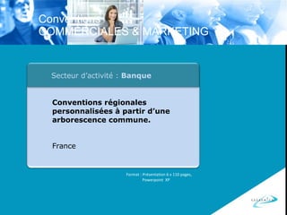 Format : Présentation 6 x 110 pages, Powerpoint  XP Secteur d’activité :  Banque Conventions régionales personnalisées à partir d’une arborescence commune. France Conventions  COMMERCIALES & MARKETING 