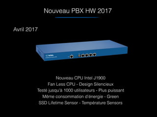 Nouveau PBX HW 2017
Nouveau CPU Intel J1900
Fan Less CPU - Design Silencieux
Testé jusqu'à 1000 utilisateurs - Plus puissant
Même consommation d'énergie - Green
SSD Lifetime Sensor - Température Sensors
Avril 2017
 