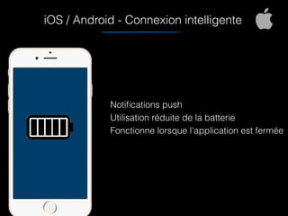 iOS / Android - Connexion intelligente
Notiﬁcations push
Utilisation réduite de la batterie
Fonctionne lorsque l'application est fermée
screenshoot
 