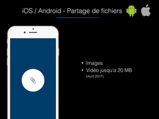 iOS / Android - Partage de ﬁchiers
screenshoot
• Images
• Vidéo jusqu'a 20 MB 
(Avril 2017)
 