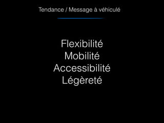 Tendance / Message à véhiculé
Flexibilité
Mobilité
Accessibilité
Légèreté
 