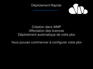 Création dans WMP
Affectation des licences
Déploiement automatique de votre pbx
Vous pouvez commencer à conﬁgurer votre pbx
Déploiement Rapide
 