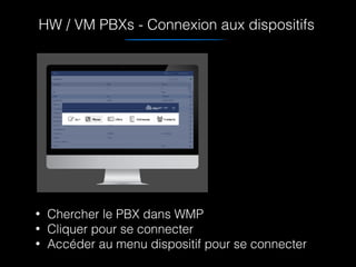 HW / VM PBXs - Connexion aux dispositifs
• Chercher le PBX dans WMP
• Cliquer pour se connecter
• Accéder au menu dispositif pour se connecter
 