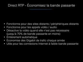 Direct RTP - Économisez la bande passante
• Fonctionne pour des sites distants / périphériques distants
• Fonctionne pour les appels vidéo / audio
• Désactive la vidéo quand elle n'est pas nécessaire  
(jusqu'à 70% de bande passante en moins)
• Entièrement automatique
• Economise des Gigabit de traﬁc chaque année
• Utile pour les connexions Internet à faible bande passante
 