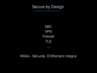 Secure by Design
SBC 
VPN 
Firewall
TLS
… 
 
Wildix - Sécurité, Chiffrement intégral
 
