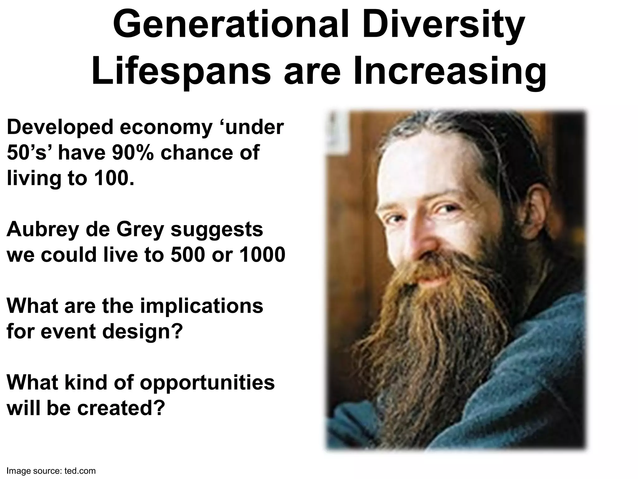 Generational Diversity
                   Lifespans are Increasing
Developed economy ‘under
50’s’ have 90% chance of
living to 100.

Aubrey de Grey suggests
we could live to 500 or 1000

What are the implications
for event design?

What kind of opportunities
will be created?

Image source: ted.com
 