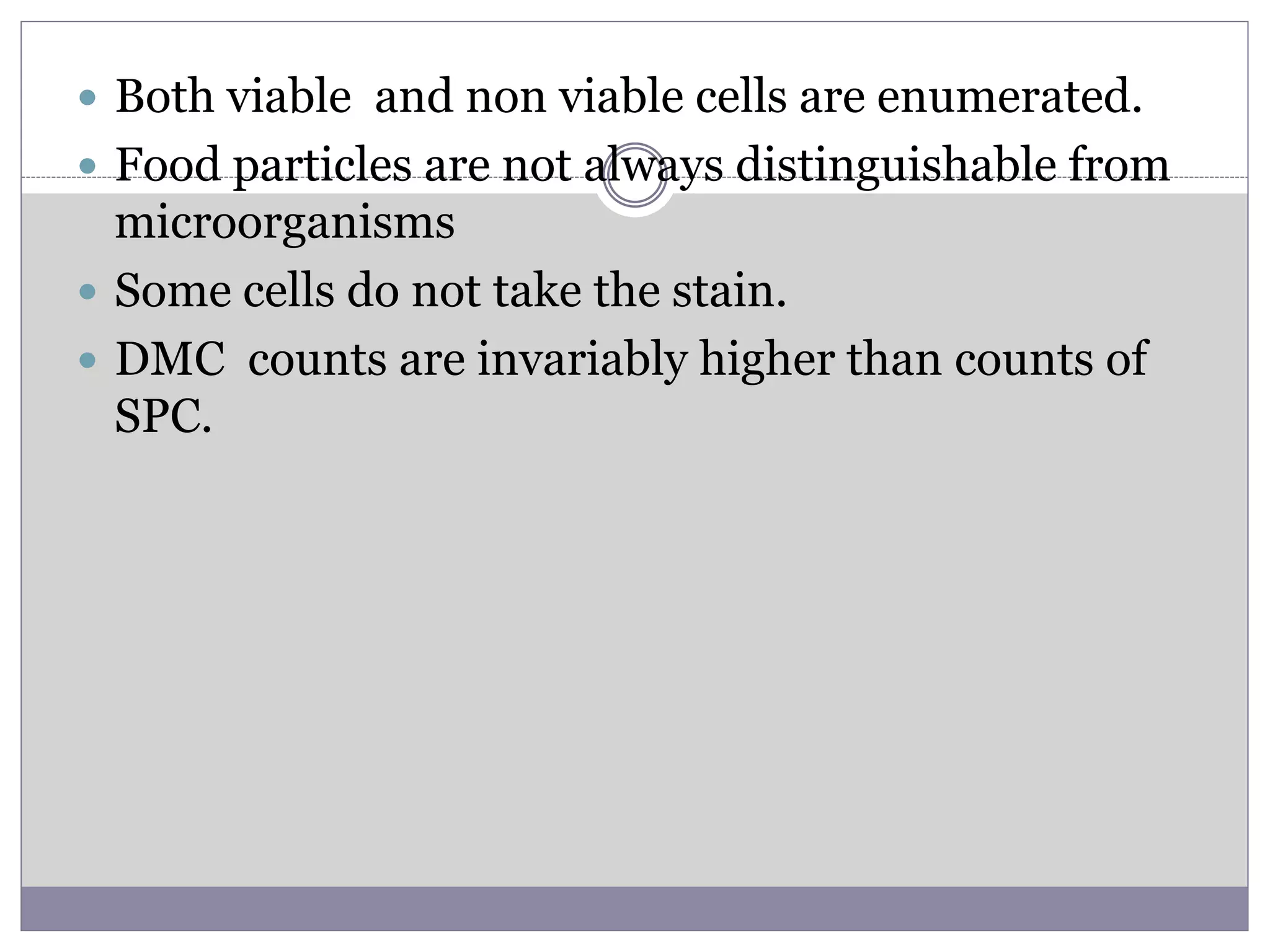  Both viable and non viable cells are enumerated.
 Food particles are not always distinguishable from
microorganisms
 Some cells do not take the stain.
 DMC counts are invariably higher than counts of
SPC.
 