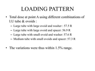 LOADING PATTERN
• Total dose at point A using different combinations of
I.U tube & ovoids :
– Large tube with large ovoid and washer : 57.5 R
– Large tube with large ovoid and spacer: 56.9 R
– Large tube with small ovoid and washer: 57.6 R
– Medium tube with small ovoids and spacer: 57.3 R
• The variations were thus within 1.5% range.
 