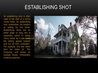Establishing View Example Conventional camera shots in horror movie trailers | PPTX