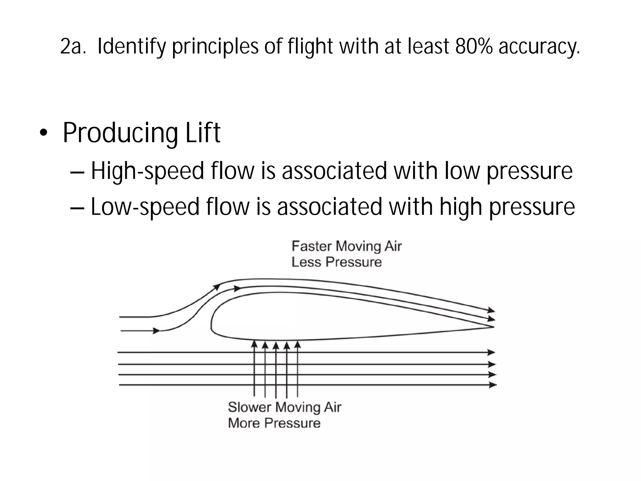 2a. Identify principles of flight with at least 80% accuracy.

• Producing Lift
– High-speed flow is associated with low pressure
– Low-speed flow is associated with high pressure

 