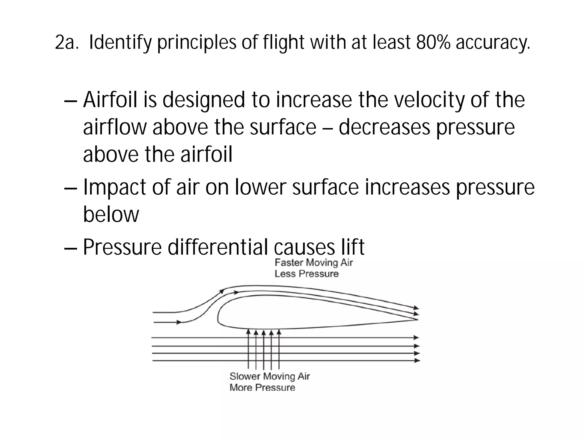 2a. Identify principles of flight with at least 80% accuracy.

– Airfoil is designed to increase the velocity of the
airflow above the surface – decreases pressure
above the airfoil
– Impact of air on lower surface increases pressure
below
– Pressure differential causes lift

 