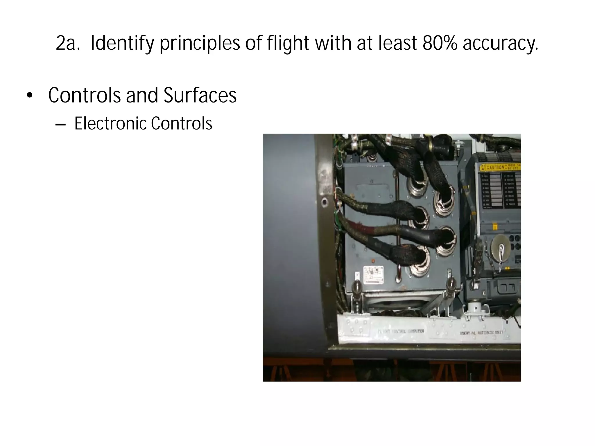 2a. Identify principles of flight with at least 80% accuracy.

• Controls and Surfaces
– Electronic Controls

 