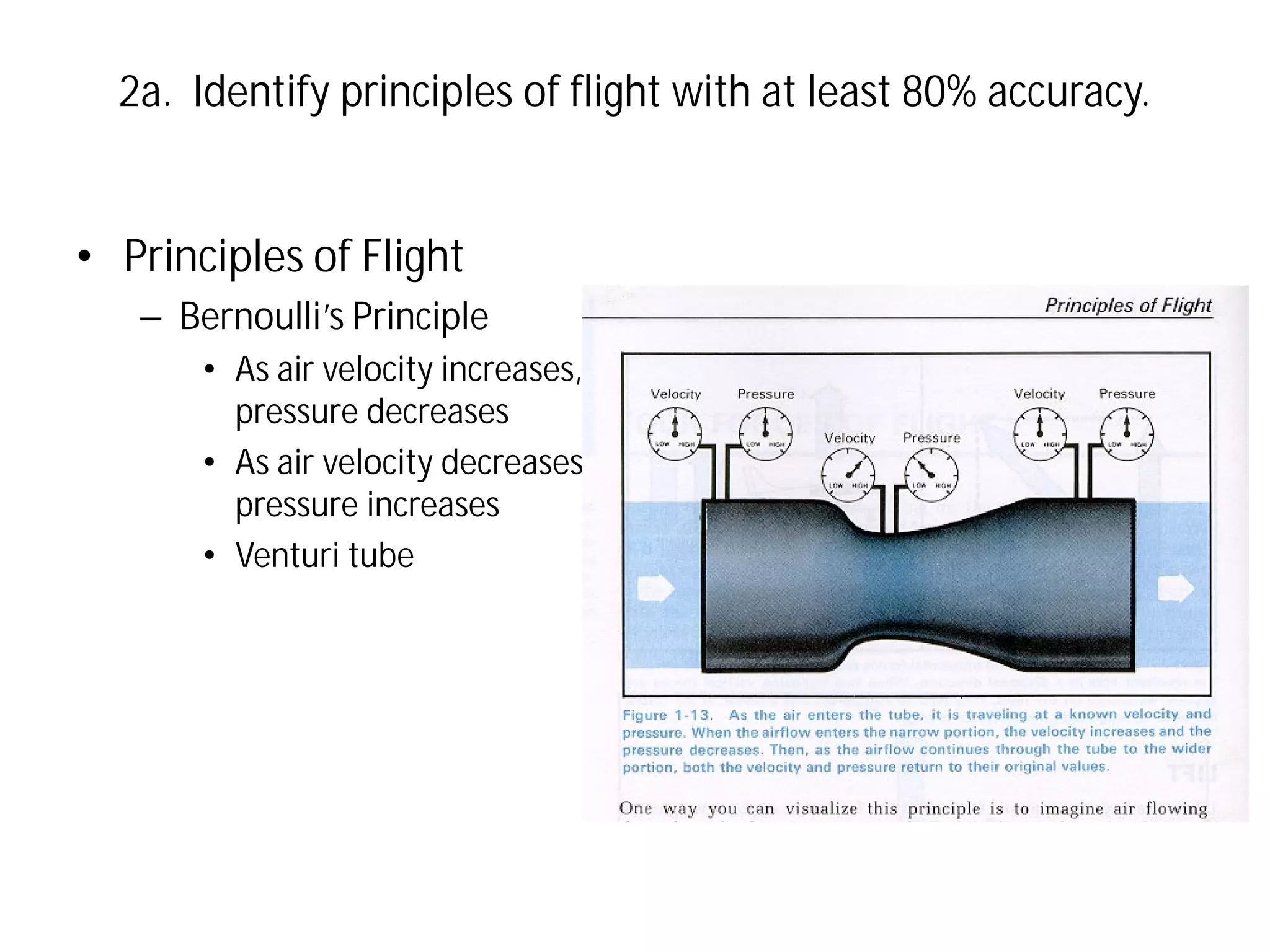 2a. Identify principles of flight with at least 80% accuracy.

• Principles of Flight
– Bernoulli’s Principle
• As air velocity increases,
pressure decreases
• As air velocity decreases,
pressure increases
• Venturi tube

 
