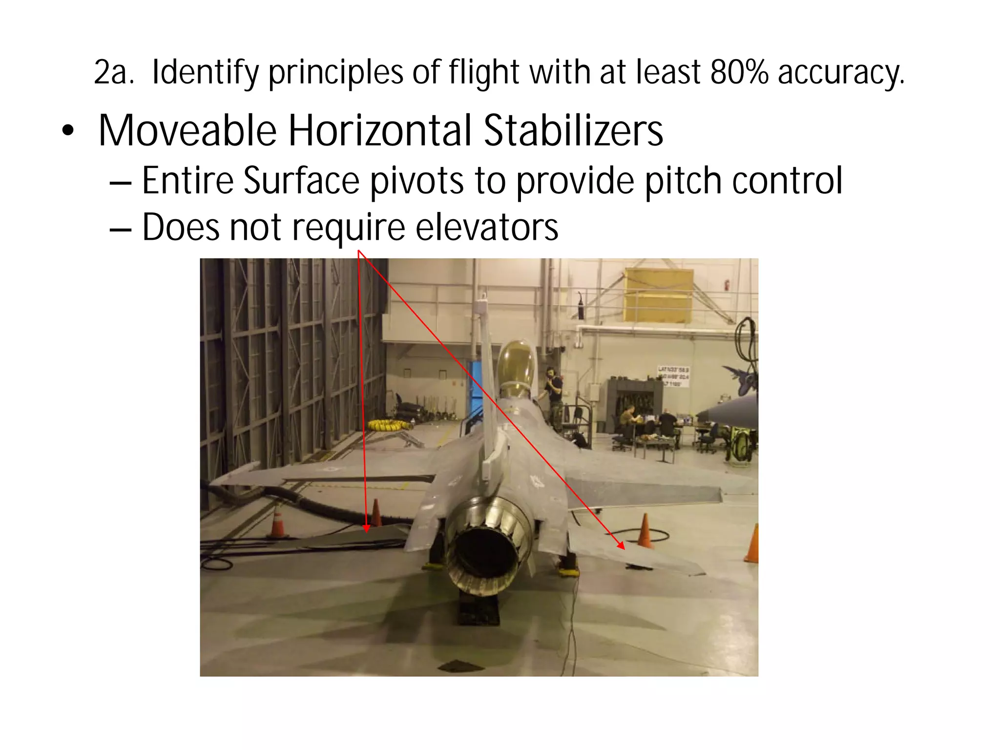 2a. Identify principles of flight with at least 80% accuracy.

• Moveable Horizontal Stabilizers
– Entire Surface pivots to provide pitch control
– Does not require elevators

 