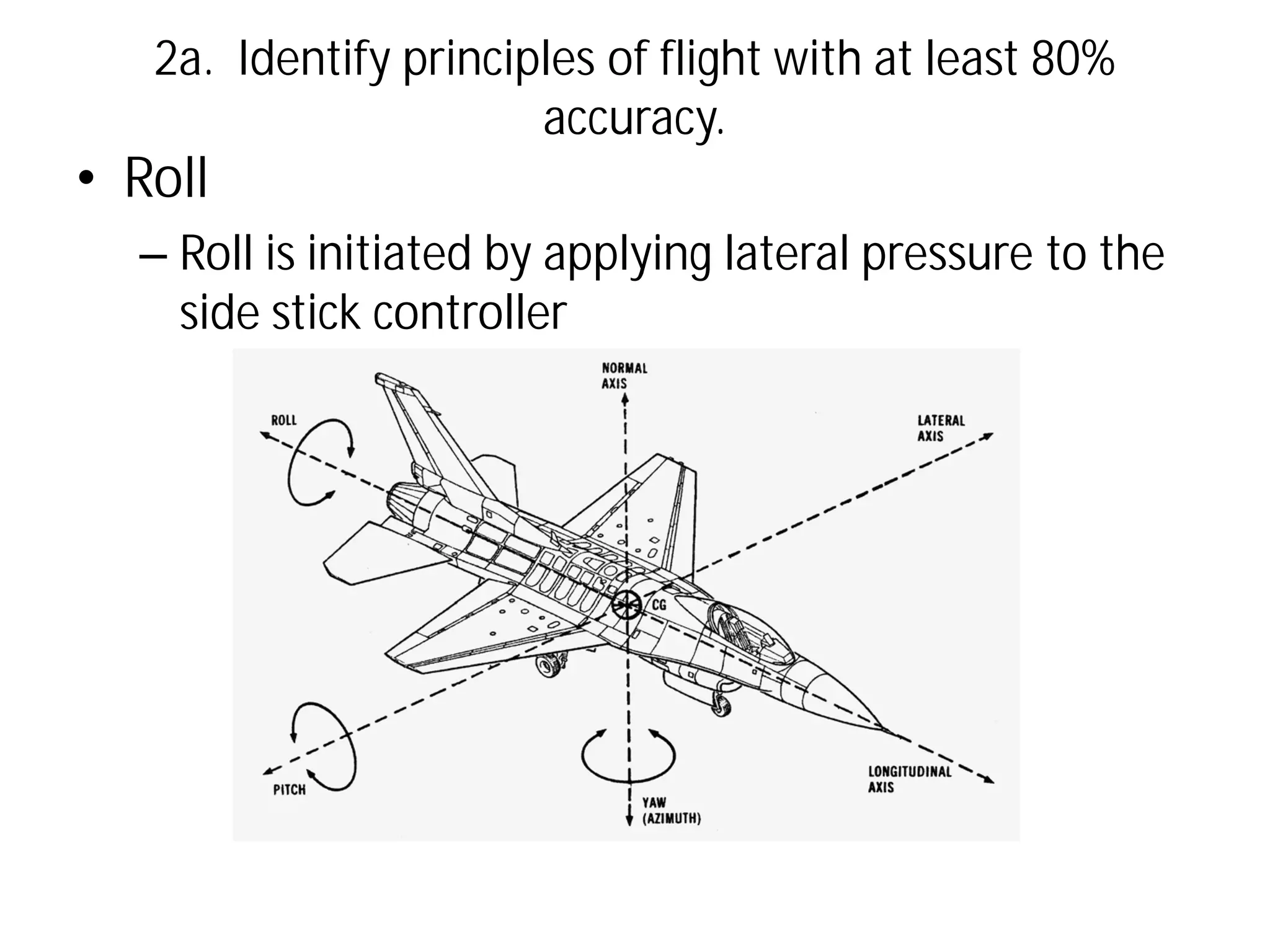 2a. Identify principles of flight with at least 80%
accuracy.

• Roll

– Roll is initiated by applying lateral pressure to the
side stick controller

 