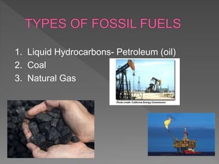 1. Liquid Hydrocarbons- Petroleum (oil)
2. Coal
3. Natural Gas
 