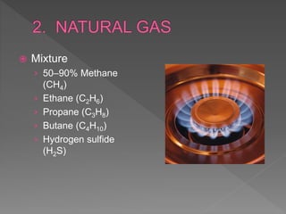  Mixture
› 50–90% Methane
(CH4)
› Ethane (C2H6)
› Propane (C3H8)
› Butane (C4H10)
› Hydrogen sulfide
(H2S)
 