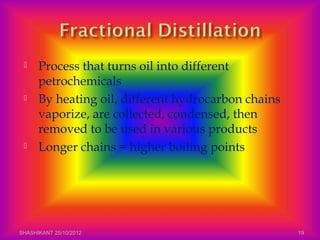  Process that turns oil into different
petrochemicals
 By heating oil, different hydrocarbon chains
vaporize, are collected, condensed, then
removed to be used in various products
 Longer chains = higher boiling points
SHASHIKANT 25/10/2012 19
 