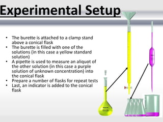Experimental Setup
• The burette is attached to a clamp stand
above a conical flask
• The burette is filled with one of the
solutions (in this case a yellow standard
solution)
• A pipette is used to measure an aliquot of
the other solution (in this case a purple
solution of unknown concentration) into
the conical flask
• Prepare a number of flasks for repeat tests
• Last, an indicator is added to the conical
flask
 