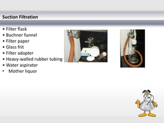 Suction Filtration
• Filter flask
• Buchner funnel
• Filter paper
• Glass frit
• Filter adapter
• Heavy-walled rubber tubing
• Water aspirator
• Mother liquor
 