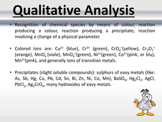 Qualitative Analysis
• Recognition of chemical species by means of colour, reaction
producing a colour, reaction producing a precipitate, reaction
involving a change of a physical parameter.
• Colored ions are: Cu2+ (blue), Cr3+ (green), CrO4
=(yellow), Cr2O7
=
(orange), MnO4
-(viole), MnO4
=(green), Ni2+(green), Co2+(pink, or blu),
Mn2+(pink), and generally ions of transition metals.
• Precipitates (slight soluble compounds): sulphurs of eavy metals (like:
As, Sb, Hg, Cu, Pb, Cd, Sn, Bi, Zn, Ni, Co, Mn), BaSO4, Hg2Cl2, AgCl,
PbCl2, Ag2CrO4, many hydroxides of eavy metals.
 