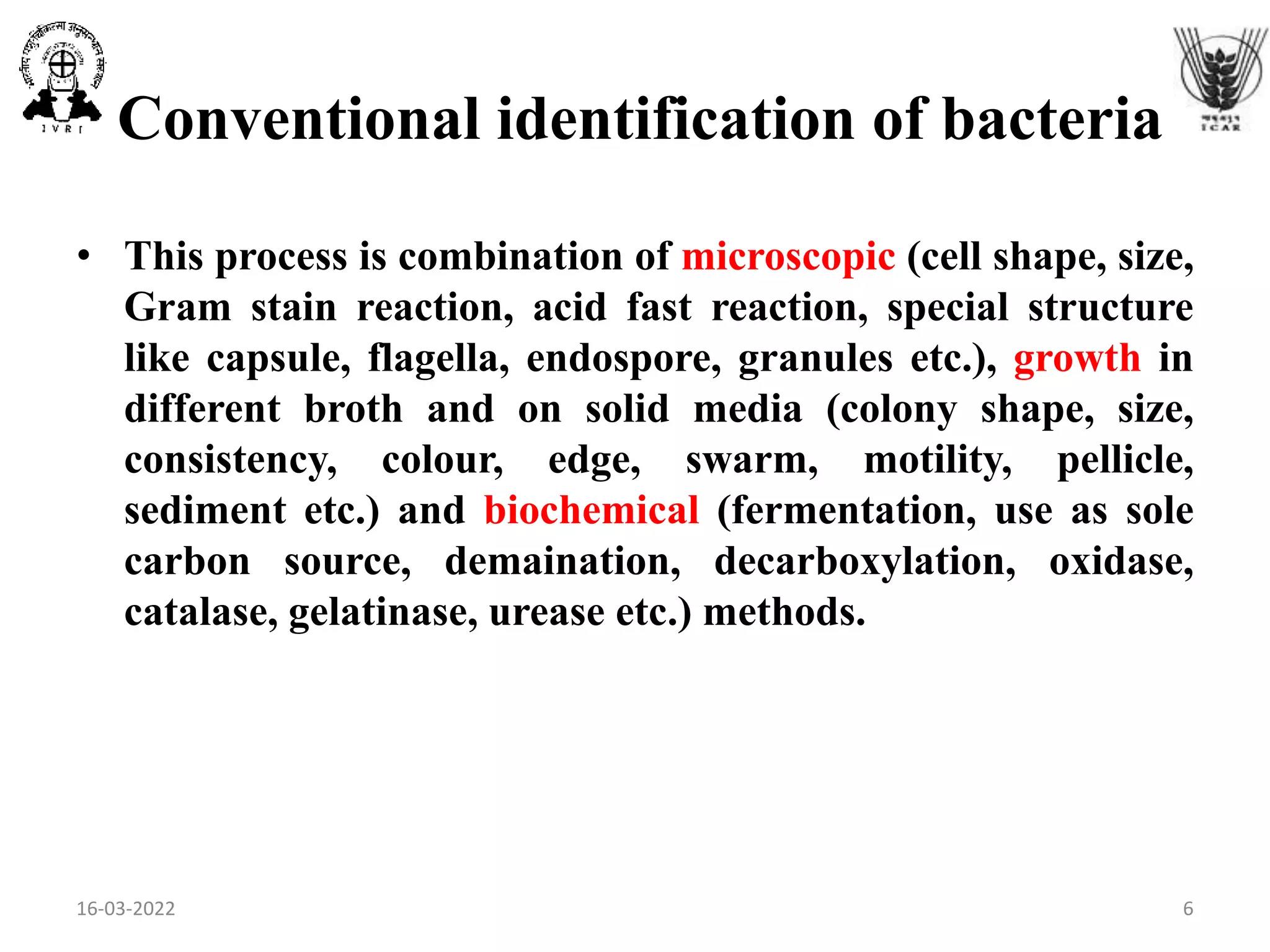 Conventional identification of bacteria
• This process is combination of microscopic (cell shape, size,
Gram stain reaction, acid fast reaction, special structure
like capsule, flagella, endospore, granules etc.), growth in
different broth and on solid media (colony shape, size,
consistency, colour, edge, swarm, motility, pellicle,
sediment etc.) and biochemical (fermentation, use as sole
carbon source, demaination, decarboxylation, oxidase,
catalase, gelatinase, urease etc.) methods.
16-03-2022 6
 