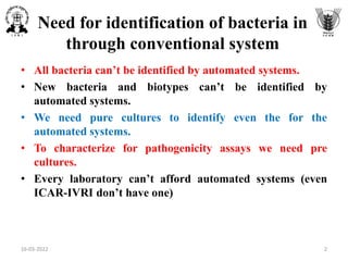 Need for identification of bacteria in
through conventional system
• All bacteria can’t be identified by automated systems.
• New bacteria and biotypes can’t be identified by
automated systems.
• We need pure cultures to identify even the for the
automated systems.
• To characterize for pathogenicity assays we need pre
cultures.
• Every laboratory can’t afford automated systems (even
ICAR-IVRI don’t have one)
16-03-2022 2
 