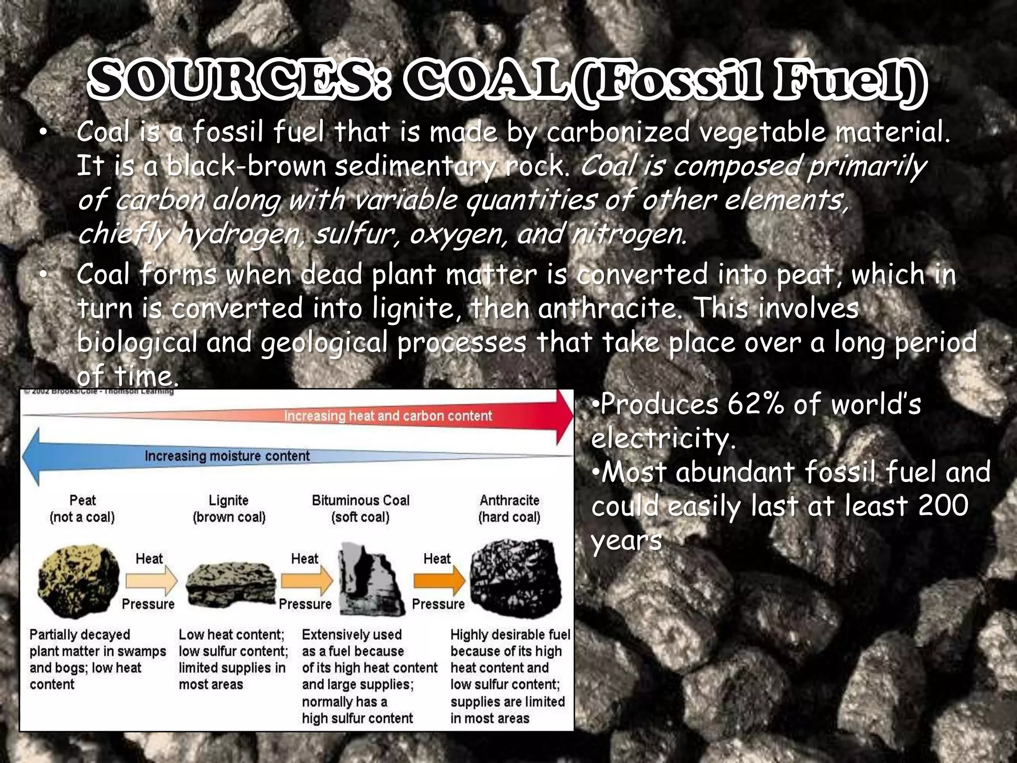 • Coal is a fossil fuel that is made by carbonized vegetable material.
It is a black-brown sedimentary rock. Coal is composed primarily

of carbon along with variable quantities of other elements,
chiefly hydrogen, sulfur, oxygen, and nitrogen.

• Coal forms when dead plant matter is converted into peat, which in
turn is converted into lignite, then anthracite. This involves
biological and geological processes that take place over a long period
of time.
•Produces 62% of world’s
electricity.
•Most abundant fossil fuel and
could easily last at least 200
years

 