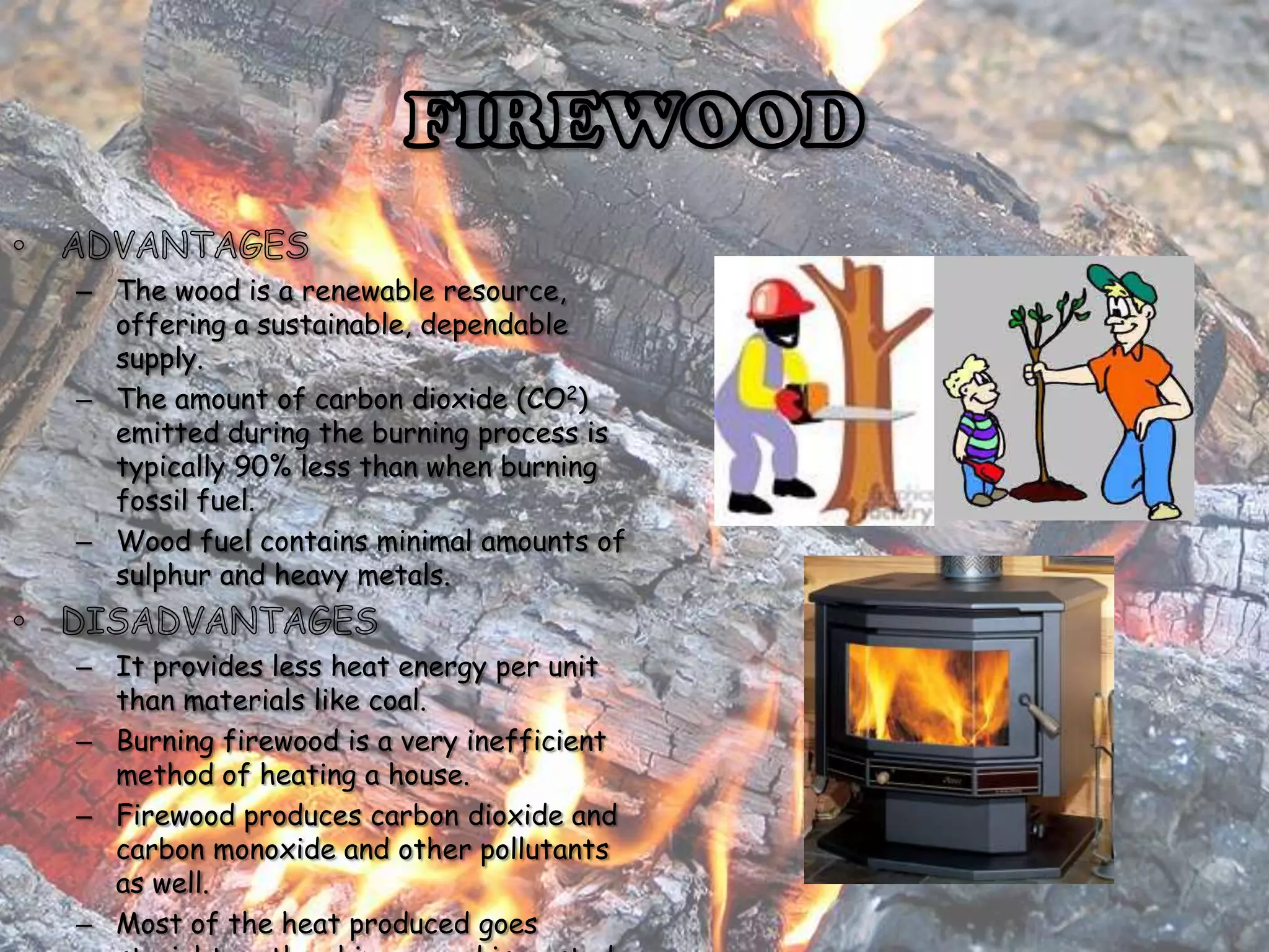 – The wood is a renewable resource,
offering a sustainable, dependable
supply.
– The amount of carbon dioxide (CO2)
emitted during the burning process is
typically 90% less than when burning
fossil fuel.
– Wood fuel contains minimal amounts of
sulphur and heavy metals.
– It provides less heat energy per unit
than materials like coal.
– Burning firewood is a very inefficient
method of heating a house.
– Firewood produces carbon dioxide and
carbon monoxide and other pollutants
as well.
– Most of the heat produced goes

 