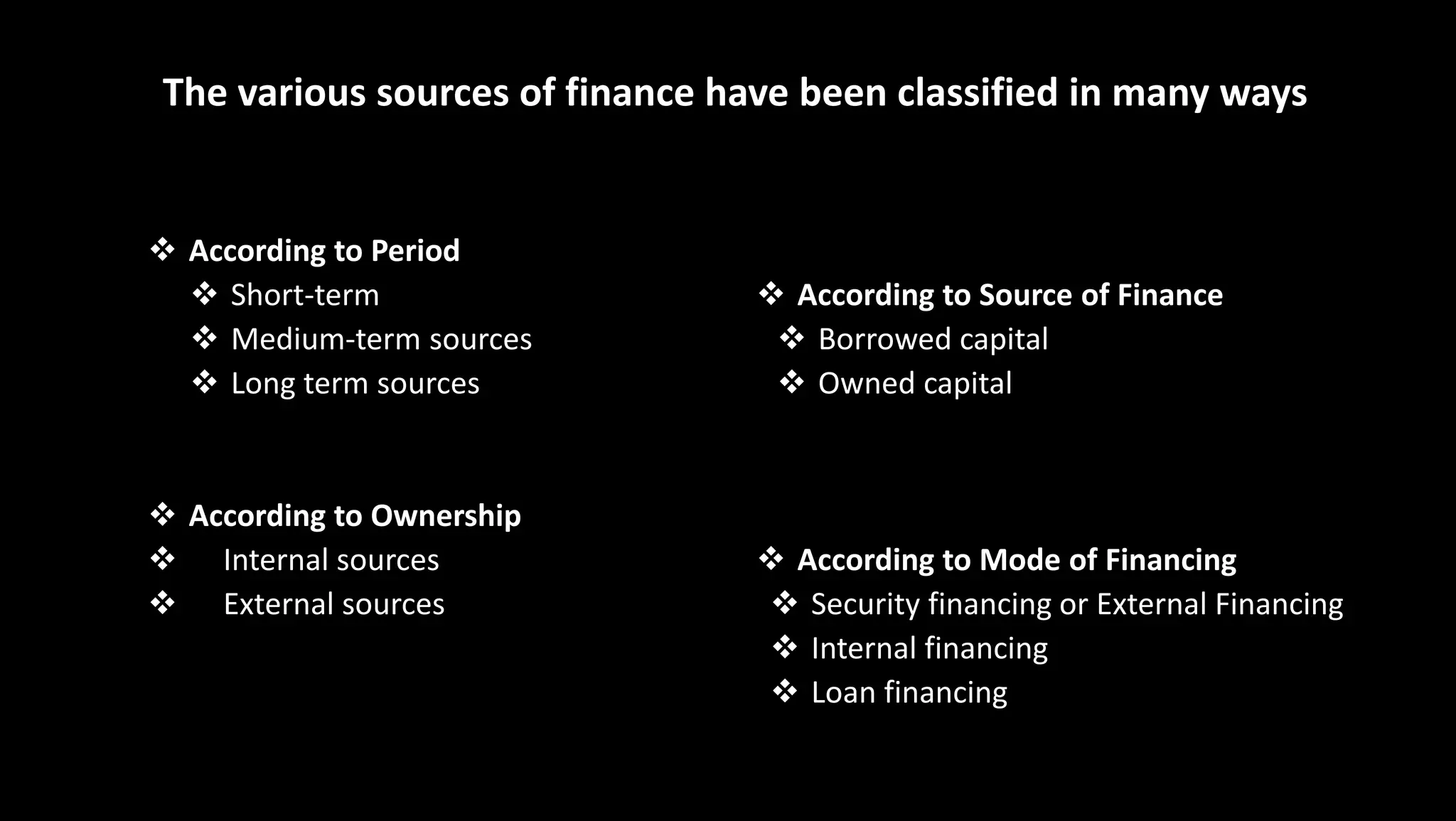 The various sources of finance have been classified in many ways
 According to Period
 Short-term
 Medium-term sources
 Long term sources
 According to Ownership
 Internal sources
 External sources
 According to Source of Finance
 Borrowed capital
 Owned capital
 According to Mode of Financing
 Security financing or External Financing
 Internal financing
 Loan financing
 