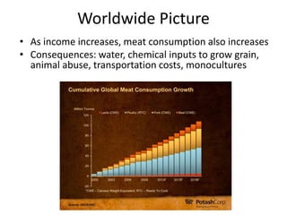 Worldwide Picture
• As income increases, meat consumption also increases
• Consequences: water, chemical inputs to grow grain,
animal abuse, transportation costs, monocultures
 