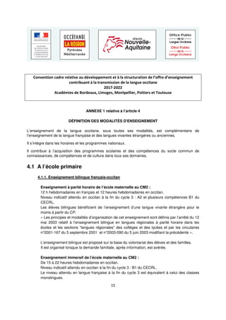 15
Convention cadre relative au développement et à la structuration de l’offre d’enseignement
contribuant à la transmission de la langue occitane
2017-2022
Académies de Bordeaux, Limoges, Montpellier, Poitiers et Toulouse
ANNEXE 1 relative à l’article 4
DÉFINITION DES MODALITÉS D'ENSEIGNEMENT
L’enseignement de la langue occitane, sous toutes ses modalités, est complémentaire de
l’enseignement de la langue française et des langues vivantes étrangères ou anciennes.
Il s’intègre dans les horaires et les programmes nationaux.
Il contribue à l’acquisition des programmes scolaires et des compétences du socle commun de
connaissances, de compétences et de culture dans tous ses domaines.
4.1 A l’école primaire
4.1.1. Enseignement bilingue français-occitan
Enseignement à parité horaire de l’école maternelle au CM2 :
12 h hebdomadaires en français et 12 heures hebdomadaires en occitan.
Niveau indicatif attendu en occitan à la fin du cycle 3 : A2 et plusieurs compétences B1 du
CECRL.
Les élèves bilingues bénéficient de l’enseignement d’une langue vivante étrangère pour le
moins à partir du CP.
« Les principes et modalités d’organisation de cet enseignement sont définis par l’arrêté du 12
mai 2003 relatif à l’enseignement bilingue en langues régionales à parité horaire dans les
écoles et les sections “langues régionales” des collèges et des lycées et par les circulaires
n°2001-167 du 5 septembre 2001 et n°2003-090 du 5 juin 2003 modifiant la précédente ».
L’enseignement bilingue est proposé sur la base du volontariat des élèves et des familles.
Il est organisé lorsque la demande familiale, après information, est avérée.
Enseignement immersif de l’école maternelle au CM2 :
De 15 à 22 heures hebdomadaires en occitan.
Niveau indicatif attendu en occitan à la fin du cycle 3 : B1 du CECRL.
Le niveau attendu en langue française à la fin du cycle 3 est équivalent à celui des classes
monolingues.
 