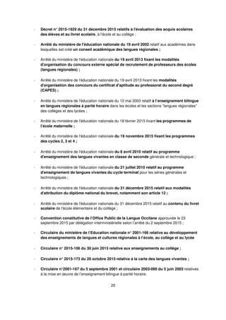 20
- Décret n° 2015-1929 du 31 décembre 2015 relatifs à l'évaluation des acquis scolaires
des élèves et au livret scolaire, à l'école et au collège ;
- Arrêté du ministère de l'éducation nationale du 19 avril 2002 relatif aux académies dans
lesquelles est créé un conseil académique des langues régionales ;
- Arrêté du ministère de l'éducation nationale du 19 avril 2013 fixant les modalités
d'organisation du concours externe spécial de recrutement de professeurs des écoles
(langues régionales) ;
- Arrêté du ministère de l'éducation nationale du 19 avril 2013 fixant les modalités
d'organisation des concours du certificat d'aptitude au professorat du second degré
(CAPES) ;
- Arrêté du ministère de l'éducation nationale du 12 mai 2003 relatif à l’enseignement bilingue
en langues régionales à parité horaire dans les écoles et les sections “langues régionales”
des collèges et des lycées ;
- Arrêté du ministère de l'éducation nationale du 18 février 2015 fixant les programmes de
l’école maternelle ;
- Arrêté du ministère de l'éducation nationale du 19 novembre 2015 fixant les programmes
des cycles 2, 3 et 4 ;
- Arrêté du ministère de l'éducation nationale du 8 avril 2010 relatif au programme
d'enseignement des langues vivantes en classe de seconde générale et technologique ;
- Arrêté du ministère de l'éducation nationale du 21 juillet 2010 relatif au programme
d'enseignement de langues vivantes du cycle terminal pour les séries générales et
technologiques ;
- Arrêté du ministère de l'éducation nationale du 31 décembre 2015 relatif aux modalités
d'attribution du diplôme national du brevet, notamment son article 12 ;
- Arrêté du ministère de l'éducation nationale du 31 décembre 2015 relatif au contenu du livret
scolaire de l'école élémentaire et du collège ;
- Convention constitutive de l’Office Public de la Langue Occitane approuvée le 23
septembre 2015 par délégation interministérielle selon l’arrêté du 2 septembre 2015 ;
- Circulaire du ministère de l’Education nationale n° 2001-166 relative au développement
des enseignements de langues et cultures régionales à l’école, au collège et au lycée
- Circulaire n° 2015-106 du 30 juin 2015 relative aux enseignements au collège ;
- Circulaire n° 2015-173 du 20 octobre 2015 relative à la carte des langues vivantes ;
- Circulaire n°2001-167 du 5 septembre 2001 et circulaire 2003-090 du 5 juin 2003 relatives
à la mise en œuvre de l’enseignement bilingue à parité horaire.
 