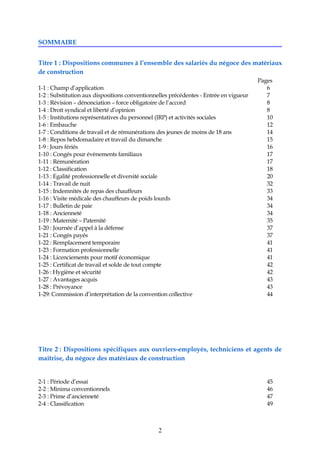 SOMMAIRE
Titre 1 : Dispositions communes à l’ensemble des salariés du négoce des matériaux
de construction
Pages
1-1 : Cha...