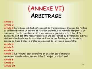 (ANNEXE VI)
ARBITRAGE
Article 1
Article 2
Article 3:Le tribunal arbitral est composé de trois membres. Chacune des Parties
au différend nomme un arbitre et les deux arbitres ainsi nommés désignent d'un
commun accord le troisième arbitre, qui assume la présidence du tribunal. Ce
dernier ne doit pas être ressortissant de l'une des Parties au différend ni avoir sa
résidence habituelle sur le territoire de l'une de ces Parties, ni se trouver au
service de l'une d'elles, ni s'être déjà occupé de l'affaire à aucun titre.
Article 4
Article 5
Article 6
Article 7:Le tribunal peut connaître et décider des demandes
reconventionnelles directement liées à l'objet du différend.
Article 8
Article 9
Article 10
19
 