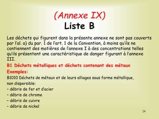 (Annexe IX)
Liste B
Les déchets qui figurent dans la présente annexe ne sont pas couverts
par l’al. a) du par. 1 de l’art. 1 de la Convention, à moins qu’ils ne
contiennent des matières de l’annexe I à des concentrations telles
qu’ils présentent une caractéristique de danger figurant à l’annexe
III.
B1 Déchets métalliques et déchets contenant des métaux
Exemples:
B1010 Déchets de métaux et de leurs alliages sous forme métallique,
non dispersible:
– débris de fer et d’acier
– débris de chrome
– débris de cuivre
– débris de nickel
24
 