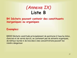 (Annexe IX)
Liste B
B4 Déchets pouvant contenir des constituants
inorganiques ou organiques
Exemples:
B4010 Déchets constitués principalement de peintures à l’eau/au latex,
d’encres et de vernis durcis, ne contenant pas de solvants organiques,
de métaux lourds ni de biocides à des concentrations pouvant les
rendre dangereux
27
 