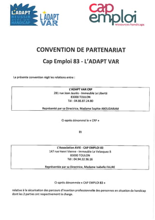 Convention de partenariat entre L'adapt Var et Cap emploi 83