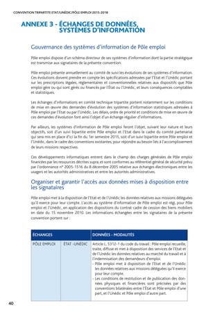 CONVENTION TRIPARTITE ETAT/UNÉDIC/PÔLE EMPLOI 2015-2018
40
ANNEXE 3 - ÉCHANGES DE DONNÉES, 					
SYSTÈMES D’INFORMATION
Gouvernance des systèmes d’information de Pôle emploi
Pôle emploi dispose d’un schéma directeur de ses systèmes d’information dont la partie stratégique
est transmise aux signataires de la présente convention.
Pôle emploi présente annuellement au comité de suivi les évolutions de ses systèmes d’information.
Ces évolutions doivent prendre en compte les spécifications adressées par l’Etat et l’Unédic portant
sur les prescriptions légales, réglementaires et conventionnelles relatives aux dispositifs que Pôle
emploi gère ou qui sont gérés ou financés par l’État ou l’Unédic, et leurs conséquences comptables
et statistiques.
Les échanges d’informations en comité technique tripartite portent notamment sur les conditions
de mise en œuvre des demandes d’évolution des systèmes d’information statistiques adressées à
Pôle emploi par l’Etat ou par l’Unédic. Les délais, ordre de priorité et conditions de mise en œuvre de
ces demandes d’évolution font ainsi l’objet d’un échange régulier d’informations.
Par ailleurs, les systèmes d’information de Pôle emploi feront l’objet, suivant leur nature et leurs
objectifs, soit d’un suivi bipartite entre Pôle emploi et l’Etat dans le cadre du comité partenarial
qui sera mis en place d’ici la fin du 1er semestre 2015, soit d’un suivi bipartite entre Pôle emploi et
l’Unédic, dans le cadre des conventions existantes, pour répondre au besoin liés à l’accomplissement
de leurs missions respectives.
Ces développements informatiques entrent dans le champ des charges générales de Pôle emploi
financées par les ressources décrites supra, et sont conformes au référentiel général de sécurité prévu
par l’ordonnance n° 2005-1516 du 8 décembre 2005 relative aux échanges électroniques entre les
usagers et les autorités administratives et entre les autorités administratives.
Organiser et garantir l’accès aux données mises à disposition entre
les signataires
Pôle emploi met à la disposition de l’Etat et de l’Unédic les données relatives aux missions déléguées
qu’il exerce pour leur compte. L’accès au système d’information de Pôle emploi est régi, pour Pôle
emploi et l’Unédic, en application des dispositions du contrat cadre de cession des biens mobiliers
en date du 15 novembre 2010. Les informations échangées entre les signataires de la présente
convention portent sur :
ÉCHANGES DONNÉES - MODALITÉS
PÔLE EMPLOI ÉTAT -UNÉDIC Article L. 5312-1 du code du travail : Pôle emploi recueille,
traite, diffuse et met à disposition des services de l’Etat et
de l’Unédic les données relatives au marché du travail et à
l’indemnisation des demandeurs d’emploi.
- Pôle emploi met à disposition de l’Etat et de l’Unédic
les données relatives aux missions déléguées qu’il exerce
pour leur compte.
- Les conditions de restitution et de publication des don-
nées physiques et financières sont précisées par des
conventions bilatérales entre l’État et Pôle emploi d’une
part, et l’Unédic et Pôle emploi d’autre part.
 