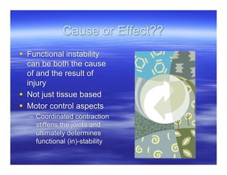 Cause or Effect??
 Functional instability
  can be both the cause
  of and the result of
  injury
 Not just tissue based
 Motor control aspects
  – Coordinated contraction
    stiffens the joints and
    ultimately determines
    functional (in)-stability
 