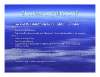 Shoulder any different?
Phases of Rehabilitation for Shoulder Instability
Phase I
 Rest and immobilization
 Pain control with nonsteroidal anti-inflammatory drugs and ice applied to the shoulder
Phase II
 Isometric strengthening
 Isotonic strengthening
 Begin exercises with shoulder in adducted, forward- flexed position, progressing to
    abducted position
Phase III
 Endurance building along with strengthening exercises
 Goal: the patient reaches 90% strength in the injured shoulder compared with the uninjured
    shoulder
Phase IV
 Increase activity to sport- or job-specific activities
 