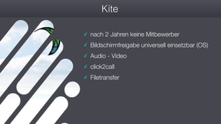 #wconvention
Kite
✓ nach 2 Jahren keine Mitbewerber
✓ Bildschirmfreigabe universell einsetzbar (OS)
✓ Audio - Video
✓ click2call
✓ Filetransfer
 