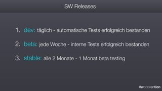 #wconvention
SW Releases
1. dev: täglich - automatische Tests erfolgreich bestanden
2. beta: jede Woche - interne Tests erfolgreich bestanden
3. stable: alle 2 Monate - 1 Monat beta testing
 