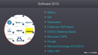 #wconvention
Software 2015
✓ Siseco
✓ SIA
✓ Starsystem
✓ Firstel (via TAPI driver)
✓ DATEV (Telefonie Basis)
✓ Büroware (TAPI)
✓ Google
✓ Microsoft Exchage 2010/2013
✓ Office 365
 