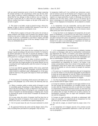Marine Liability — June 10, 2013
102
with any special instructions given to him by the shipper respecting
the animals and that, in the circumstances of the case, the loss, dam-
age or delay in delivery could be attributed to such risks, it is pre-
sumed that the loss, damage or delay in delivery was so caused, un-
less there is proof that all or a part of the loss, damage or delay in
delivery resulted from fault or neglect on the part of the carrier, his
servants or agents.
le transporteur établit qu’il s’est conformé aux instructions concer-
nant les animaux qui lui ont été données par le chargeur et que, dans
les circonstances de fait, la perte, le dommage ou le retard peut être
imputé à ces risques particuliers, la perte, le dommage ou le retard est
présumé avoir été ainsi causé, à moins qu’il ne soit prouvé que la
perte, le dommage ou le retard résulte, en totalité ou en partie, d’une
faute ou d’une négligence du transporteur, de ses préposés ou manda-
taires.
6. The carrier is not liable, except in general average, where loss,
damage or delay in delivery resulted from measures to save life or
from reasonable measures to save property at sea.
6. Le transporteur n’est pas responsable, sauf du chef d’avarie
commune, lorsque la perte, le dommage ou le retard à la livraison ré-
sulte de mesures prises pour sauver des vies ou de mesures raison-
nables prises pour sauver des biens en mer.
7. Where fault or neglect on the part of the carrier, his servants or
agents combines with another cause to produce loss, damage or delay
in delivery the carrier is liable only to the extent that the loss, damage
or delay in delivery is attributable to such fault or neglect, provided
that the carrier proves the amount of the loss, damage or delay in de-
livery not attributable thereto.
7. Lorsqu’une faute ou une négligence du transporteur, de ses pré-
posés ou mandataires, a concouru avec une autre cause à la perte, au
dommage ou au retard à la livraison, le transporteur n’est responsable
que dans la mesure de la perte, du dommage ou du retard qui est im-
putable à cette faute ou à cette négligence, à condition de prouver le
montant de la perte ou du dommage ou l’importance du retard qui
n’est pas imputable à ladite faute ou négligence.
ARTICLE 6 ARTICLE 6
LIMITS OF LIABILITY LIMITES DE LA RESPONSABILITÉ
1. (a) The liability of the carrier for loss resulting from loss of or
damage to goods according to the provisions of article 5 is limited to
an amount equivalent to 835 units of account per package or other
shipping unit or 2.5 units of account per kilogramme of gross weight
of the goods lost or damaged, whichever is the higher.
(b) The liability of the carrier for delay in delivery according to
the provisions of article 5 is limited to an amount equivalent to two
and a half times the freight payable for the goods delayed, but not
exceeding the total freight payable under the contract of carriage of
goods by sea.
(c) In no case shall the aggregate liability of the carrier, under both
subparagraphs (a) and (b) of this paragraph, exceed the limitation
which would be established under subparagraph (a) of this para-
graph for total loss of the goods with respect to which such liability
was incurred.
1. a) La responsabilité du transporteur pour le préjudice résultant
des pertes ou dommages subis par les marchandises conformément
aux dispositions de l’article 5 est limitée à une somme équivalant à
835 unités de compte par colis ou autre unité de chargement ou à 2,5
unités de compte par kilogramme de poids brut des marchandises per-
dues ou endommagées, la limite la plus élevée étant applicable.
b) La responsabilité du transporteur en cas de retard à la livraison
conformément aux dispositions de l’article 5 est limitée à une
somme correspondant à deux fois et demie le fret payable pour les
marchandises ayant subi le retard, mais n’excédant pas le montant
total du fret payable en vertu du contrat de transport de marchan-
dises par mer.
c) En aucun cas, le cumul des réparations dues par le transporteur
en vertu des alinéas a) et b) du présent paragraphe ne peut dépasser
la limite qui serait applicable en vertu de l’alinéa a) du présent pa-
ragraphe en cas de perte totale des marchandises pour le transport
desquelles la responsabilité du transporteur est engagée.
2. For the purpose of calculating which amount is the higher in ac-
cordance with paragraph 1(a) of this article, the following rules ap-
ply:
(a) Where a container, pallet or similar article of transport is used
to consolidate goods, the package or other shipping units enumer-
ated in the bill of lading, if issued, or otherwise in any other docu-
ment evidencing the contract of carriage by sea, as packed in such
article of transport are deemed packages or shipping units. Except
as aforesaid the goods in such article of transport are deemed one
shipping unit.
(b) In cases where the article of transport itself has been lost or
damaged, that article of transport, if not owned or otherwise sup-
plied by the carrier, is considered one separate shipping unit.
2. Aux fins du paragraphe 1 du présent article, la limite la plus éle-
vée est calculée selon les règles ci-après :
a) Lorsqu’un conteneur, une palette ou tout engin similaire est uti-
lisé pour grouper des marchandises, est considéré comme un colis
ou autre unité de chargement tout colis ou unité dont il est indiqué
au connaissement, si un connaissement est émis, ou sinon dans tout
autre document faisant preuve du contrat de transport par mer qu’il
est contenu dans cet engin. En dehors du cas prévu ci-dessus, les
marchandises contenues dans cet engin sont considérées comme
une unité de chargement.
b) Lorsque cet engin lui-même a été perdu ou endommagé, ledit
engin est considéré, s’il n’appartient pas au transporteur ou n’est
pas fourni par lui, comme une unité distincte.
3. Unit of account means the unit of account mentioned in article
26.
3. Par unité de compte, on entend l’unité de compte visée à l’ar-
ticle 26.
4. By agreement between the carrier and the shipper, limits of lia-
bility exceeding those provided for in paragraph 1 may be fixed.
4. Le transporteur et le chargeur peuvent, d’un commun accord,
fixer des limites de responsabilité supérieures à celles qui sont pré-
vues au paragraphe 1.
 