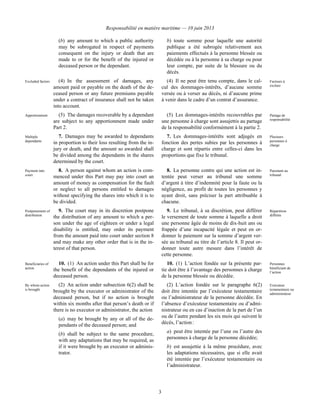 Responsabilité en matière maritime — 10 juin 2013
3
(b) any amount to which a public authority
may be subrogated in respect of payments
consequent on the injury or death that are
made to or for the benefit of the injured or
deceased person or the dependant.
b) toute somme pour laquelle une autorité
publique a été subrogée relativement aux
paiements effectués à la personne blessée ou
décédée ou à la personne à sa charge ou pour
leur compte, par suite de la blessure ou du
décès.
Excluded factors (4) In the assessment of damages, any
amount paid or payable on the death of the de-
ceased person or any future premiums payable
under a contract of insurance shall not be taken
into account.
(4) Il ne peut être tenu compte, dans le cal-
cul des dommages-intérêts, d’aucune somme
versée ou à verser au décès, ni d’aucune prime
à venir dans le cadre d’un contrat d’assurance.
Facteurs à
exclure
Apportionment (5) The damages recoverable by a dependant
are subject to any apportionment made under
Part 2.
(5) Les dommages-intérêts recouvrables par
une personne à charge sont assujettis au partage
de la responsabilité conformément à la partie 2.
Partage de
responsabilité
Multiple
dependants
7. Damages may be awarded to dependants
in proportion to their loss resulting from the in-
jury or death, and the amount so awarded shall
be divided among the dependants in the shares
determined by the court.
7. Les dommages-intérêts sont adjugés en
fonction des pertes subies par les personnes à
charge et sont répartis entre celles-ci dans les
proportions que fixe le tribunal.
Plusieurs
personnes à
charge
Payment into
court
8. A person against whom an action is com-
menced under this Part may pay into court an
amount of money as compensation for the fault
or neglect to all persons entitled to damages
without specifying the shares into which it is to
be divided.
8. La personne contre qui une action est in-
tentée peut verser au tribunal une somme
d’argent à titre d’indemnité pour la faute ou la
négligence, au profit de toutes les personnes y
ayant droit, sans préciser la part attribuable à
chacune.
Paiement au
tribunal
Postponement of
distribution
9. The court may in its discretion postpone
the distribution of any amount to which a per-
son under the age of eighteen or under a legal
disability is entitled, may order its payment
from the amount paid into court under section 8
and may make any other order that is in the in-
terest of that person.
9. Le tribunal, à sa discrétion, peut différer
le versement de toute somme à laquelle a droit
une personne âgée de moins de dix-huit ans ou
frappée d’une incapacité légale et peut en or-
donner le paiement sur la somme d’argent ver-
sée au tribunal au titre de l’article 8. Il peut or-
donner toute autre mesure dans l’intérêt de
cette personne.
Répartition
différée
Beneficiaries of
action
10. (1) An action under this Part shall be for
the benefit of the dependants of the injured or
deceased person.
10. (1) L’action fondée sur la présente par-
tie doit être à l’avantage des personnes à charge
de la personne blessée ou décédée.
Personnes
bénéficiant de
l’action
By whom action
is brought
(2) An action under subsection 6(2) shall be
brought by the executor or administrator of the
deceased person, but if no action is brought
within six months after that person’s death or if
there is no executor or administrator, the action
(a) may be brought by any or all of the de-
pendants of the deceased person; and
(b) shall be subject to the same procedure,
with any adaptations that may be required, as
if it were brought by an executor or adminis-
trator.
(2) L’action fondée sur le paragraphe 6(2)
doit être intentée par l’exécuteur testamentaire
ou l’administrateur de la personne décédée. En
l’absence d’exécuteur testamentaire ou d’admi-
nistrateur ou en cas d’inaction de la part de l’un
ou de l’autre pendant les six mois qui suivent le
décès, l’action :
a) peut être intentée par l’une ou l’autre des
personnes à charge de la personne décédée;
b) est assujettie à la même procédure, avec
les adaptations nécessaires, que si elle avait
été intentée par l’exécuteur testamentaire ou
l’administrateur.
Exécuteur
testamentaire ou
administrateur
 