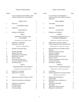 3
TABLE OF PROVISIONS TABLE ANALYTIQUE
Section Page Article Page
An Act respecting marine liability, and to
validate certain by-laws and regulations
Loi concernant la responsabilité en
matière maritime et la validité de certains
règlements
SHORT TITLE 1 TITRE ABRÉGÉ 1
1 Short title 1 1 Titre abrégé 1
INTERPRETATION 1 DÉFINITIONS 1
2 Definitions 1 2 Définitions 1
HER MAJESTY 1 SA MAJESTÉ 1
3 Binding on Her Majesty 1 3 Obligation de Sa Majesté 1
PART 1
PERSONAL INJURIES AND
FATALITIES 1
PARTIE 1
BLESSURES CORPORELLES ET
ACCIDENTS MORTELS 1
INTERPRETATION AND APPLICATION 1 DÉFINITION ET CHAMP D’APPLICATION 1
4 Definition of “dependant” 1 4 Définition de « personne à charge » 1
5 Application of this Part 2 5 Champ d’application de la présente partie 2
LIABILITY TO DEPENDANTS 2 RESPONSABILITÉ : PERSONNES À CHARGE 2
6 Damages for personal injury 2 6 Responsabilité pour dommages-intérêts :
blessures 2
7 Multiple dependants 3 7 Plusieurs personnes à charge 3
8 Payment into court 3 8 Paiement au tribunal 3
9 Postponement of distribution 3 9 Répartition différée 3
10 Beneficiaries of action 3 10 Personnes bénéficiant de l’action 3
11 Parties to action 4 11 Parties à l’action 4
12 One action for same cause 4 12 Une seule action pour la même cause 4
13 Actions by different claimants 4 13 Actions concurrentes 4
14 Limitation period 4 14 Prescription : blessures 4
PART 2
APPORTIONMENT OF LIABILITY 4
PARTIE 2
PARTAGE DE LA RESPONSABILITÉ 4
INTERPRETATION AND APPLICATION 4 DÉFINITION ET CHAMP D’APPLICATION 4
15 Definition of “earnings” 4 15 Assimilation 4
16 Application of this Part 5 16 Champ d’application de la présente partie 5
GENERAL 5 DISPOSITIONS GÉNÉRALES 5
17 Apportionment based on degree of fault 5 17 Règle de base du partage de
responsabilité 5
18 Claim for contribution or indemnity 5 18 Réclamation pour contribution ou
indemnité 5
19 Adjustment of settlement 6 19 Transaction raisonnable 6
20 Limitation period 6 20 Prescription 6
21 Last clear chance 6 21 Théorie de la dernière chance 6
22 Contractual rights 6 22 Obligations contractuelles 6
 