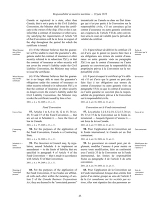 Responsabilité en matière maritime — 10 juin 2013
25
Canada or registered in a state, other than
Canada, that is not a party to the Civil Liability
Convention, the Minister shall issue the certifi-
cate to the owner of the ship, if he or she is sat-
isfied that a contract of insurance or other secu-
rity satisfying the requirements of Article VII
of that Convention will be in force in respect of
the ship throughout the period for which the
certificate is issued.
immatriculé au Canada ou dans un État étran-
ger qui n’est pas partie à la Convention sur la
responsabilité civile, s’il est convaincu qu’un
contrat d’assurance ou autre garantie conforme
aux exigences de l’article VII de cette conven-
tion sera en cours de validité pour la période de
validité du certificat.
When Minister
may refuse
certificate
(3) If the Minister believes that the guaran-
tor will be unable to meet the guarantor’s obli-
gations under the contract of insurance or other
security referred to in subsection 55(1), or that
the contract of insurance or other security will
not cover the owner’s liability under the Civil
Liability Convention, the Minister may refuse
to issue the certificate.
(3) Il peut refuser de délivrer le certificat s’il
est d’avis que le garant ne pourra faire face à
ses obligations aux termes du contrat d’assu-
rance ou autre garantie visés au paragraphe
55(1) ou que le contrat d’assurance ou l’autre
garantie ne couvriront pas la responsabilité du
propriétaire prévue à la Convention sur la res-
ponsabilité civile.
Refus de
délivrance par le
ministre
When Minister
may revoke
certificate
(4) If the Minister believes that the guaran-
tor is no longer able to meet the guarantor’s
obligations under the contract of insurance or
other security referred to in subsection 55(1), or
that the contract of insurance or other security
no longer covers the owner’s liability under the
Civil Liability Convention, the Minister may
revoke the certificate issued by him or her.
2001, c. 6, s. 56; 2009, c. 21, s. 11.
(4) Il peut révoquer le certificat qu’il a déli-
vré s’il est d’avis que le garant ne peut plus
faire face à ses obligations aux termes du
contrat d’assurance ou autre garantie visés au
paragraphe 55(1) ou que le contrat d’assurance
ou l’autre garantie ne couvrent plus la respon-
sabilité du propriétaire prévue à la Convention
sur la responsabilité civile.
2001, ch. 6, art. 56; 2009, ch. 21, art. 11.
Révocation
Fund Convention Convention sur le Fonds international
Force of law 57. Articles 1 to 4, 6 to 10, 12 to 15, 36 ter,
29, 33 and 37 of the Fund Convention — that
are set out in Schedule 6 — have the force of
law in Canada.
2001, c. 6, s. 57; 2009, c. 21, s. 11.
57. Les articles 1 à 4, 6 à 10, 12 à 15, 36 ter,
29, 33 et 37 de la Convention sur le Fonds in-
ternational — lesquels figurent à l’annexe 6 —
ont force de loi au Canada.
2001, ch. 6, art. 57; 2009, ch. 21, art. 11.
Force de loi
Contracting
State
58. For the purposes of the application of
the Fund Convention, Canada is a Contracting
State.
2001, c. 6, s. 58; 2009, c. 21, s. 11.
58. Pour l’application de la Convention sur
le Fonds international, le Canada est un État
contractant.
2001, ch. 6, art. 58; 2009, ch. 21, art. 11.
État contractant
Schedule 6 —
limits
amendment
59. The Governor in Council may, by regu-
lation, amend Schedule 6 to implement an
amendment — to the limits of liability that are
specified in paragraph 4 of Article 4 of the
Fund Convention — that is made in accordance
with Article 33 of that Convention.
2001, c. 6, s. 59; 2009, c. 21, s. 11.
59. Le gouverneur en conseil peut, par rè-
glement, modifier l’annexe 6 pour mettre en
œuvre toute modification, faite en conformité
avec l’article 33 de la Convention sur le Fonds
international, des limites de responsabilité
fixées au paragraphe 4 de l’article 4 de cette
convention.
2001, ch. 6, art. 59; 2009, ch. 21, art. 11.
Modification des
limites fixées à
l’annexe 6
Meaning of
“associated
persons”
60. For the purposes of the application of
the Fund Convention, if two bodies are affiliat-
ed with each other within the meaning of sec-
tion 2 of the Canada Business Corporations
Act, they are deemed to be “associated persons”
60. Pour l’application de la Convention sur
le Fonds international, lorsque deux entités font
partie d’un même groupe au sens de l’article 2
de la Loi canadienne sur les sociétés par ac-
tions, elles sont réputées être des personnes as-
Sens de
« personnes
associées »
 